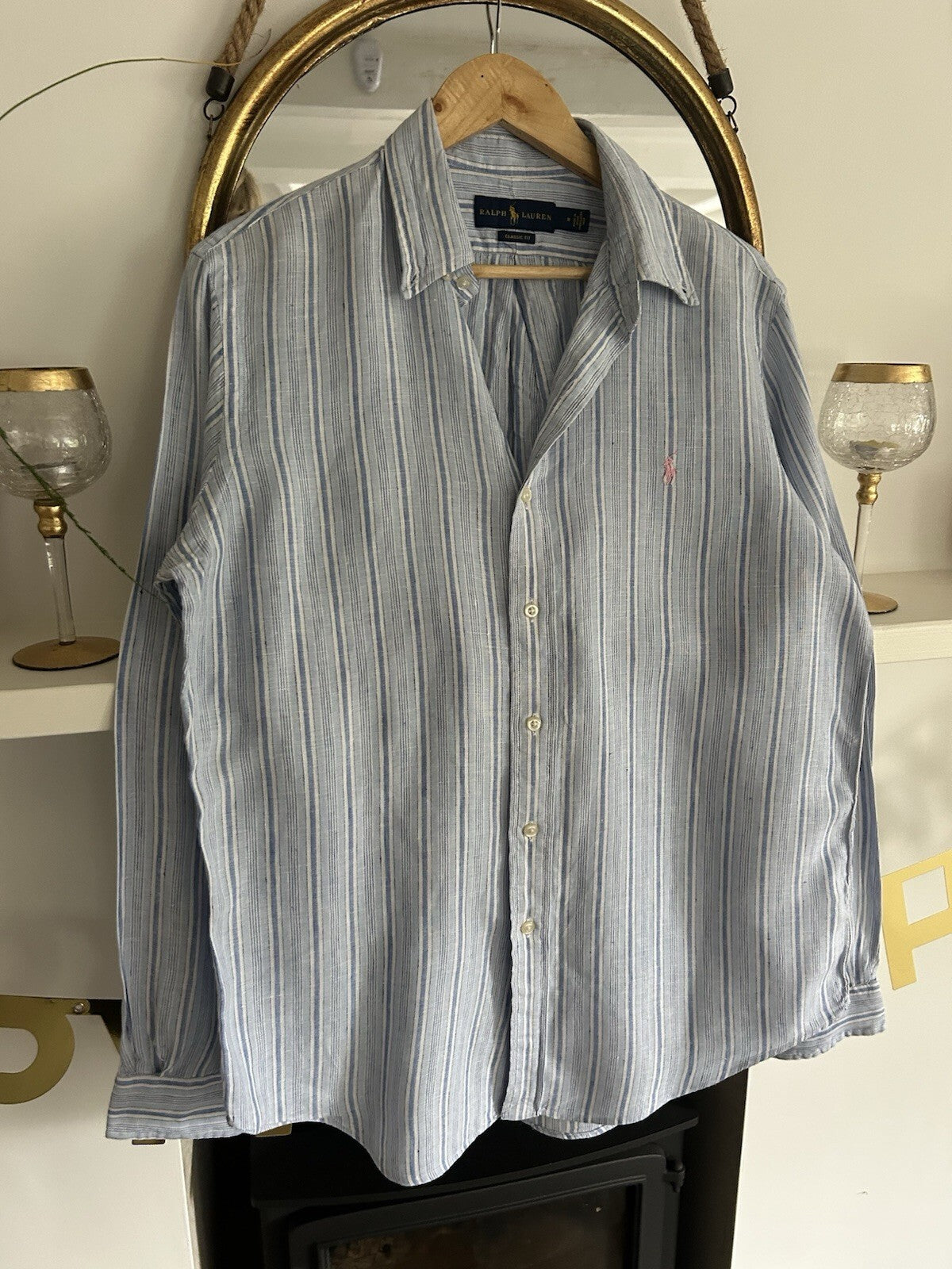 Ralph Lauren 100% Linen Blue And White Striped Long-Sleeved Shirt, Size M