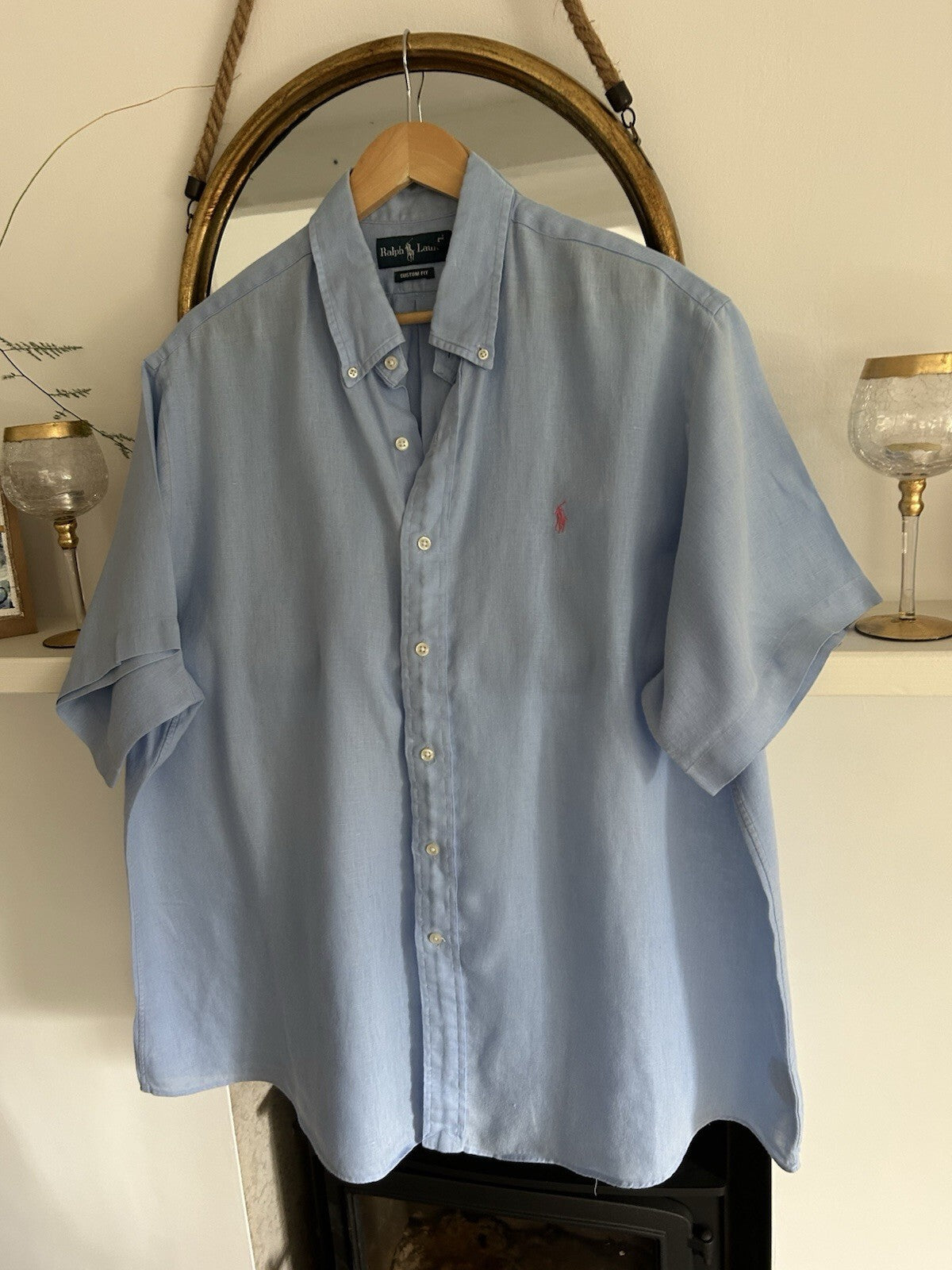 Ralph Lauren 100% Linen Light Blue Short-Sleeved Shirt, Size XXL