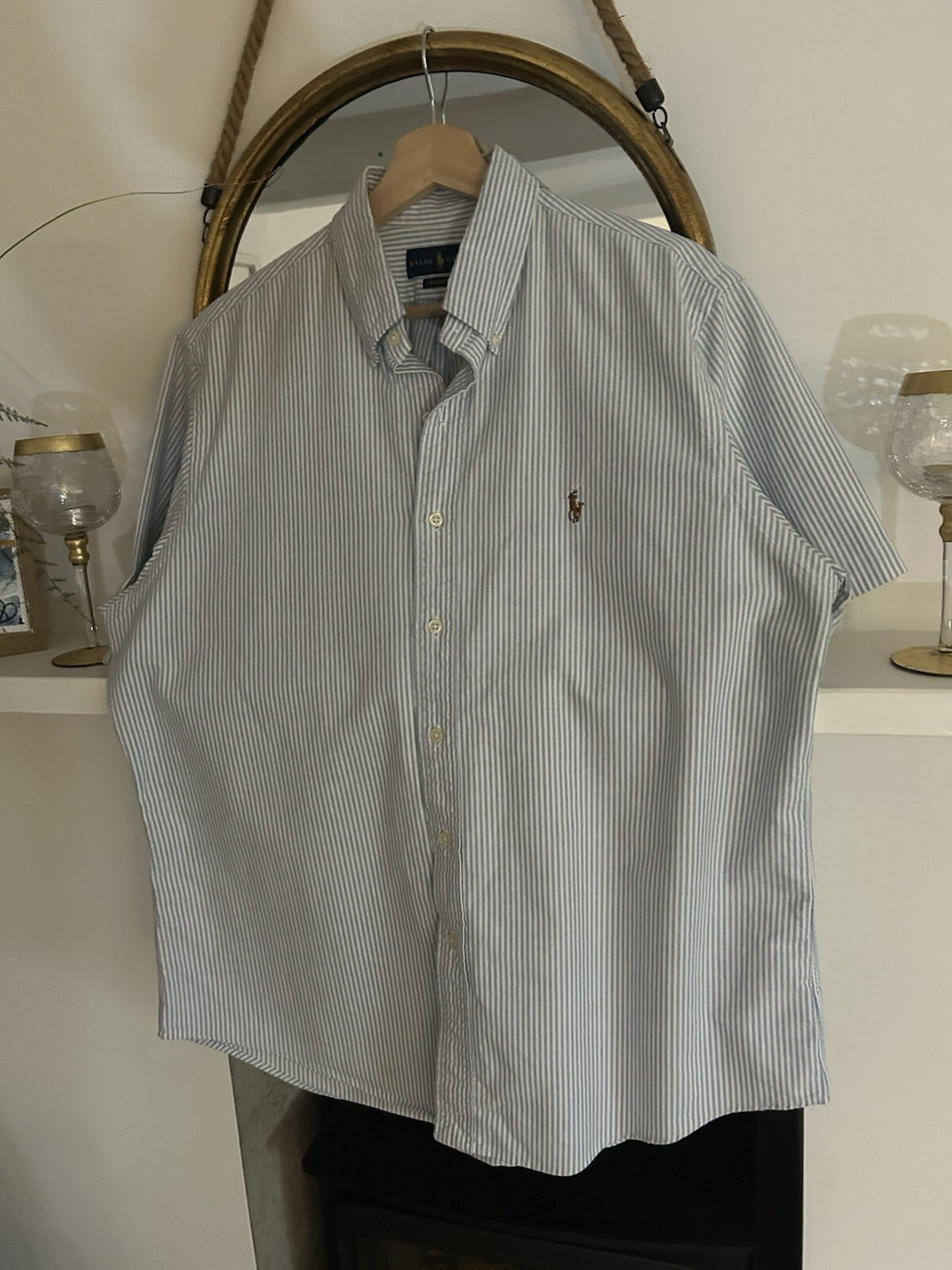 Ralph Lauren Light Blue And White Pin-Striped Short-Sleeved Shirt, Size L