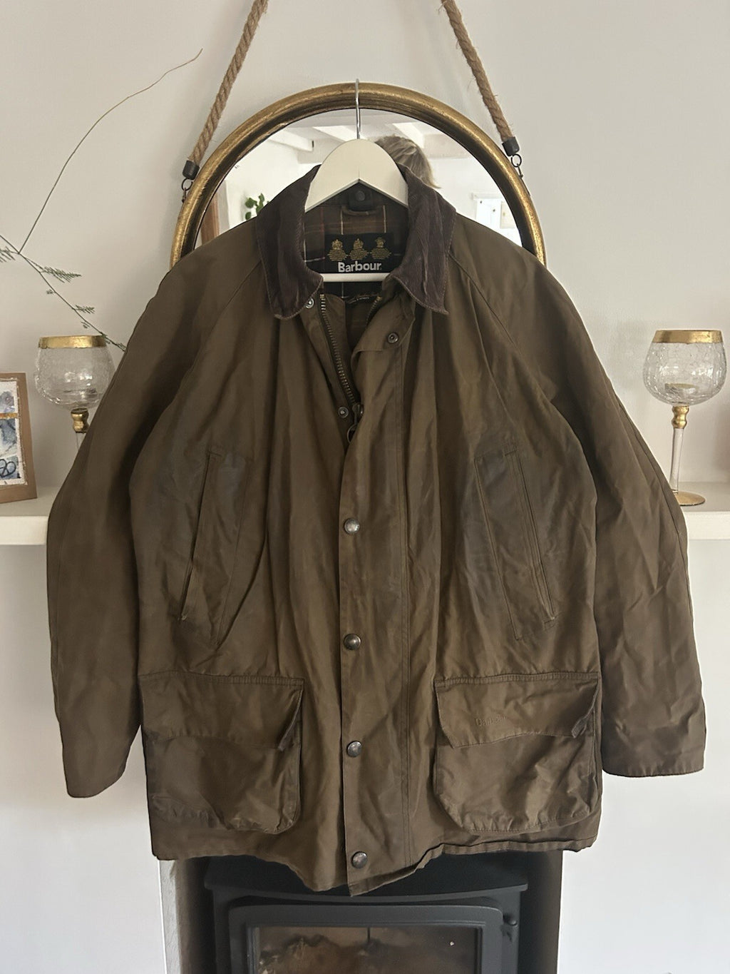 Barbour Bristol Wax Jacket Olive Green Medium M Tartan Lined Country Coat