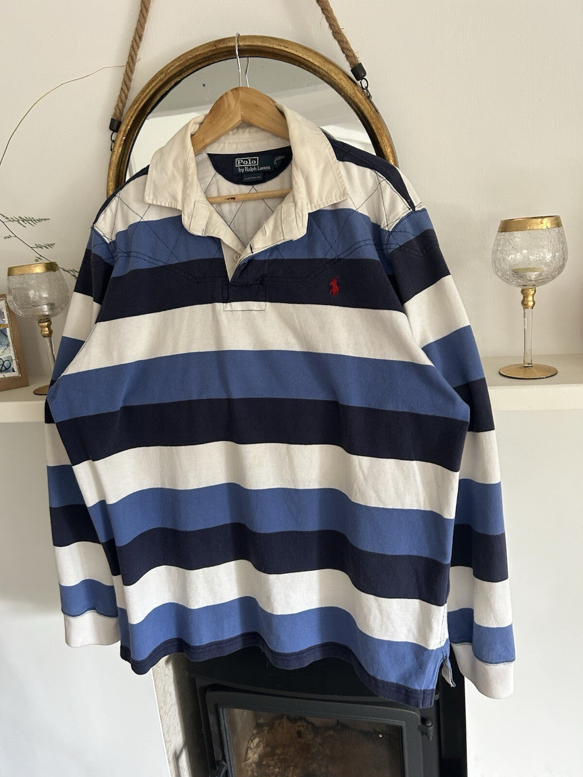 Ralph Lauren Navy Blue And White Striped Rugby Shirt, Size XL
