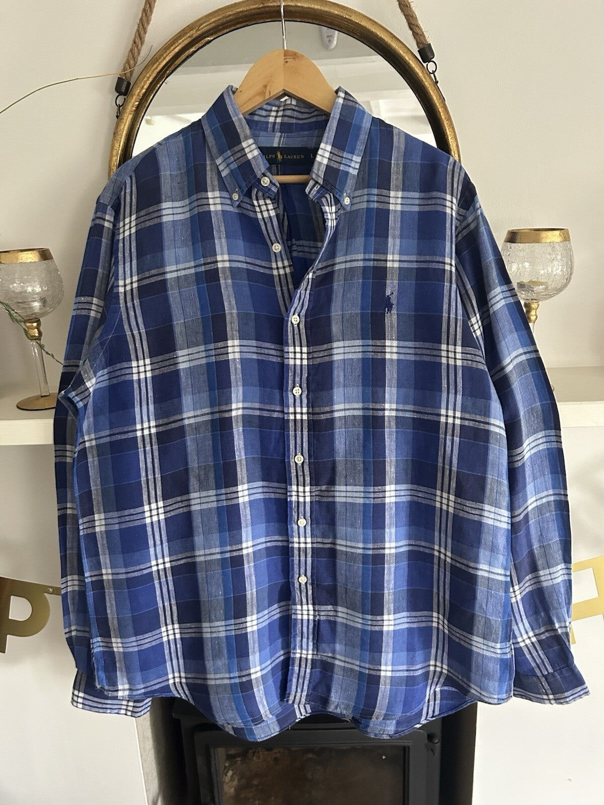 Ralph Lauren 100% Linen Navy And White Check Long-Sleeved Shirt, Size L