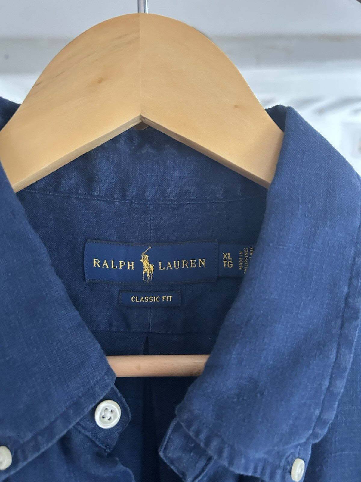 Ralph Lauren 100% Linen Navy Long-Sleeved Shirt, Size XL