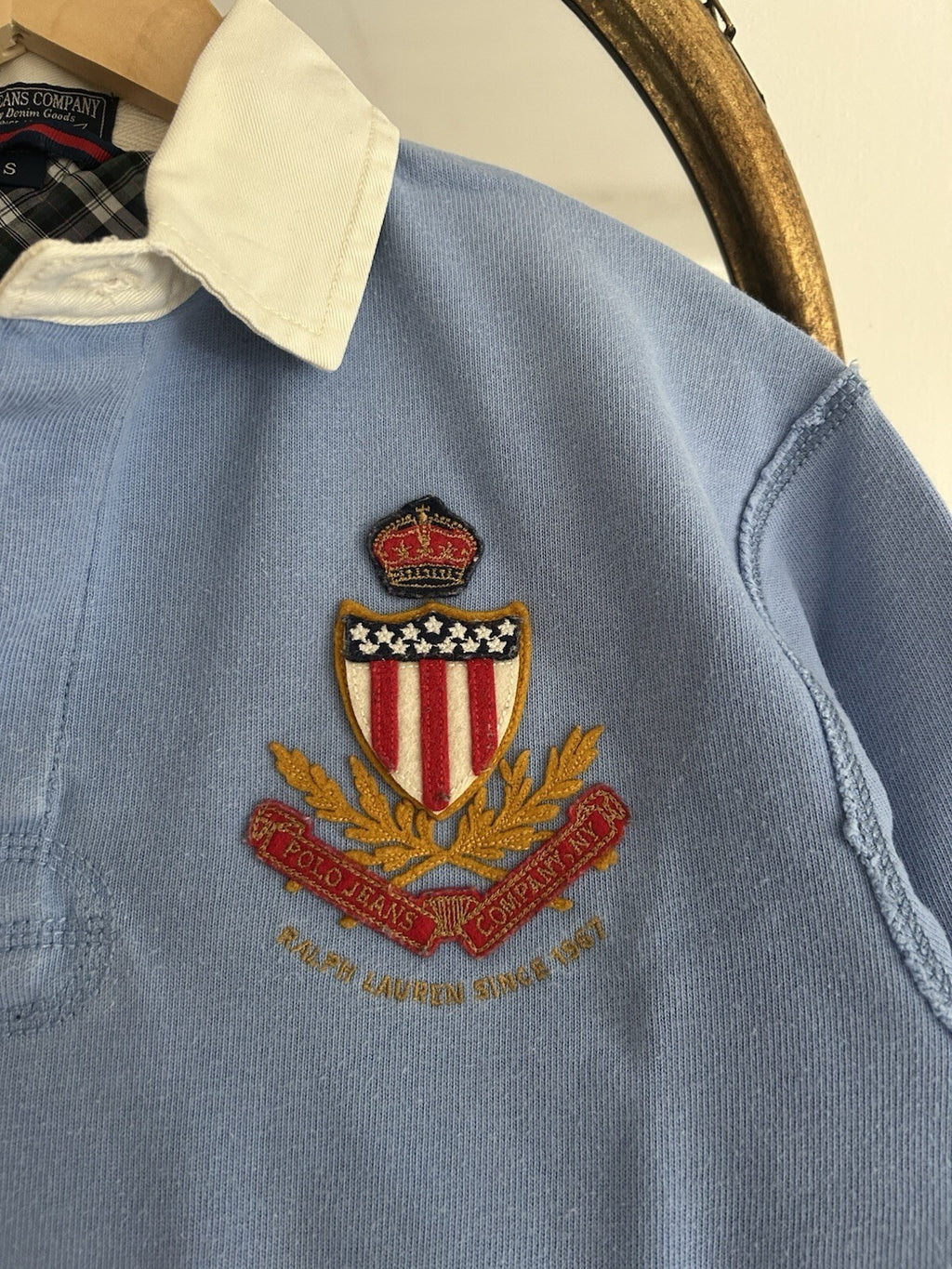 Vintage Polo Ralph Lauren Polo Jeans Rugby Shirt USA Flag Crest Blue Small