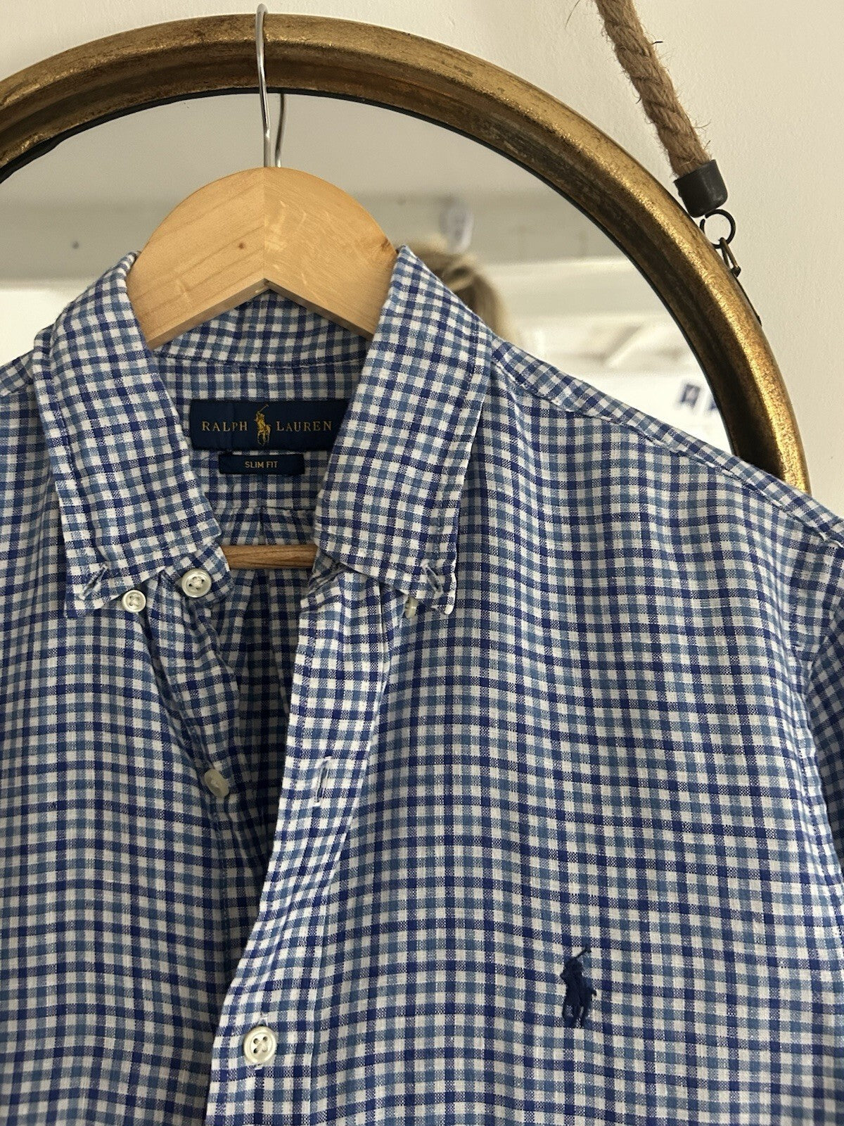 Ralph Lauren 100% Linen Navy And White Check Long-Sleeved Shirt, Size M-Slim Fit